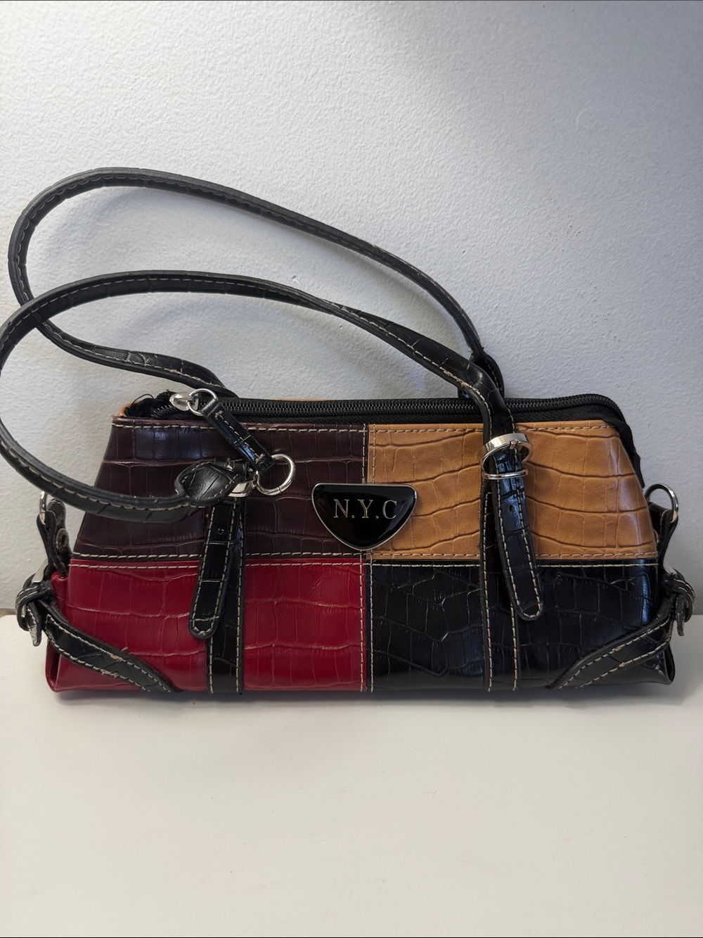 Patchwork Croc-Embossed Shoulder Bag - Black, Red & Tan